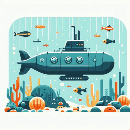 Submarine and fish on the background of the sea. Vector illustration.のイラスト素材