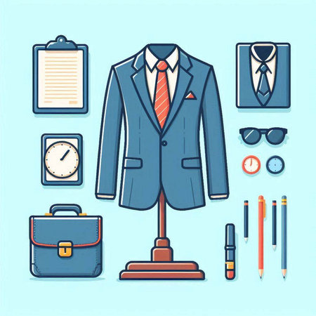 Illustration of a business suit and office accessories on a blue backgroundのイラスト素材