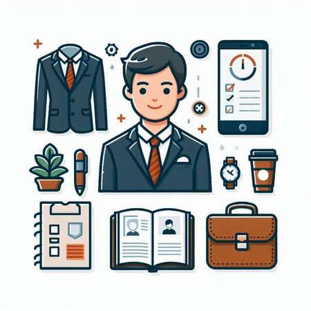 Vector illustration of a man with a set of business related icons.のイラスト素材
