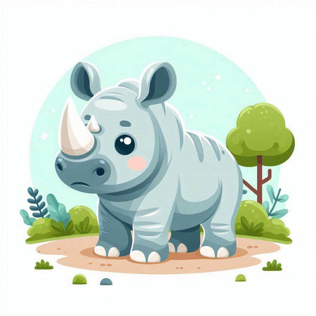 Cute cartoon rhinoceros in the jungle. Vector illustrationのイラスト素材
