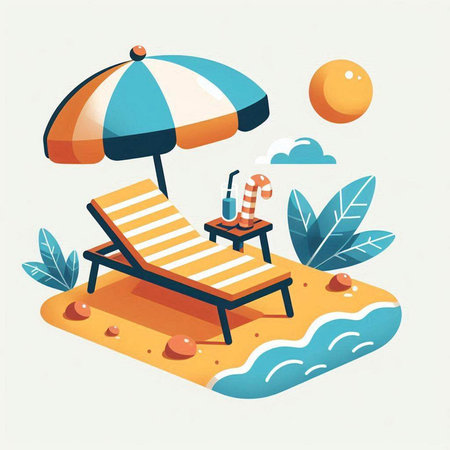 Beach chair with umbrella and cocktail. Vector illustration in flat styleのイラスト素材