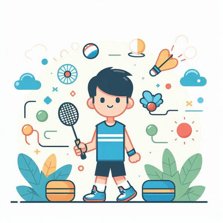 Cute boy playing badminton. Flat style vector illustration.のイラスト素材