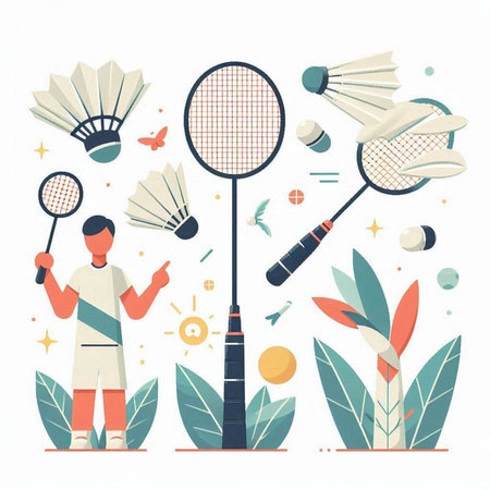 Badminton sport vector illustration. Badminton player with racket and shuttlecock.のイラスト素材