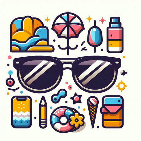 Vector line art summer icons set. Sunglasses, beach umbrella, watermelon, ice cream, cocktail, donut, sunflower, sunglasses, mobile phoneのイラスト素材