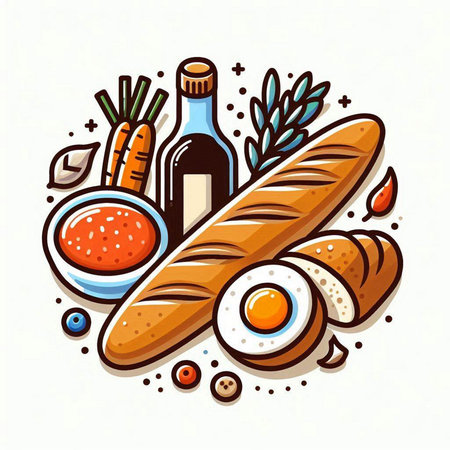 Baguette, egg, olive oil and vegetables. Vector illustration.のイラスト素材
