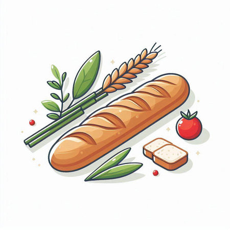 Baguette with wheat and tomato. Vector illustration on white background.のイラスト素材