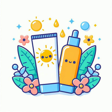 Cute cartoon sunblock bottle and sunflower. Vector illustration.のイラスト素材