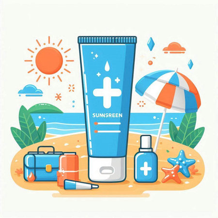 Sunscreen cream on the beach. Flat design. Vector illustration.のイラスト素材