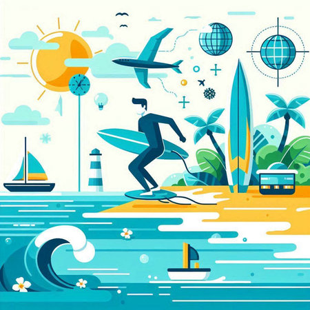 Summer vacation vector illustration in flat style. Man surfing on the beach.のイラスト素材