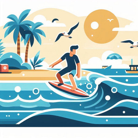 Surfer on the surfboard. Vector illustration in flat style.のイラスト素材