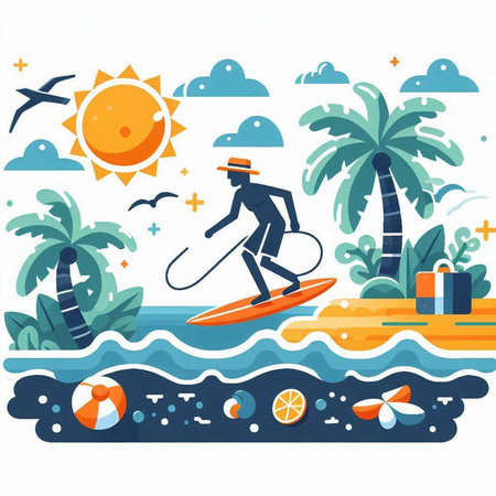 Surfer on the beach with a surfboard. Vector illustration.のイラスト素材