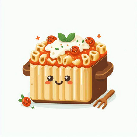 Illustration of a Cute Pasta with Cheese and Tomato Sauceのイラスト素材