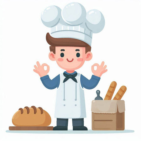 Cute cartoon chef with bread and baguette. Vector illustrationのイラスト素材