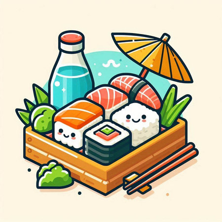 Illustration of a sushi set in a wooden box. Vector illustrationのイラスト素材