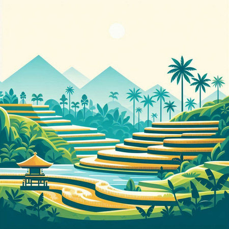 Rice terraces in the jungle. Cartoon style vector illustration.のイラスト素材