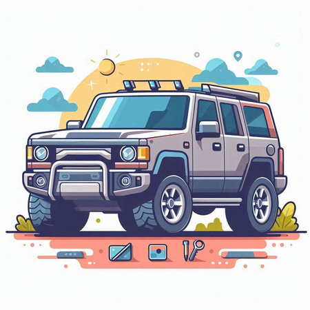 Off-road vehicle on the road. Vector illustration in flat styleのイラスト素材