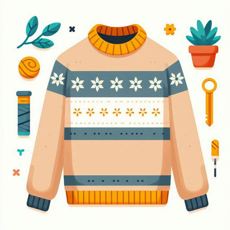 Winter clothes. Knitted sweater with a pattern. Colorful vector illustration.のイラスト素材