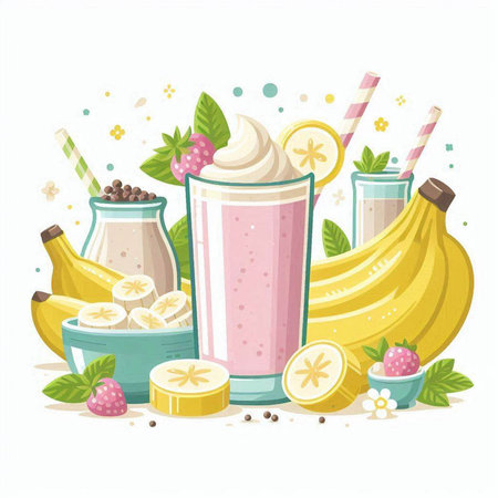 Banana milkshake with whipped cream and fresh berries. Vector illustration.のイラスト素材