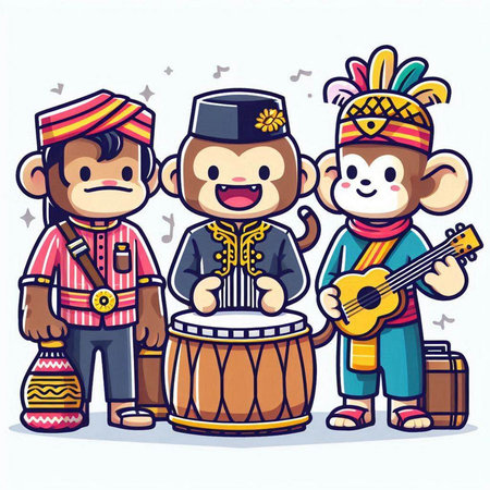 Cute cartoon monkeys playing drums. Vector illustration for your design.のイラスト素材