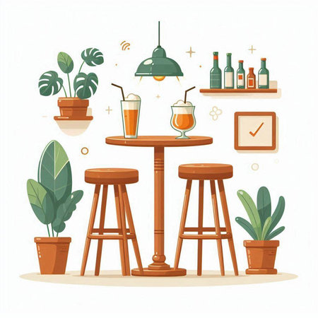 Vector illustration of a bar interior. Bar counter, chairs, table, drinks, plants.のイラスト素材