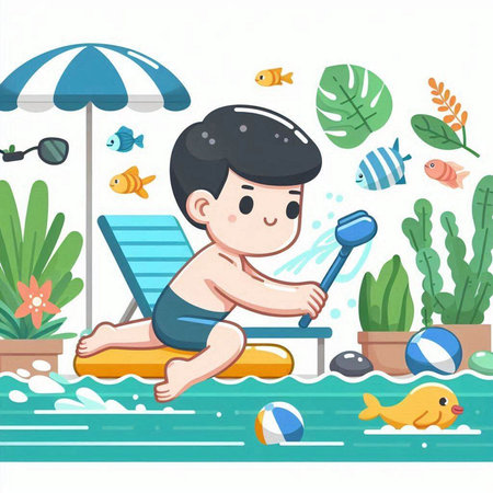 Boy playing with toys in the swimming pool. Vector cartoon illustration.のイラスト素材