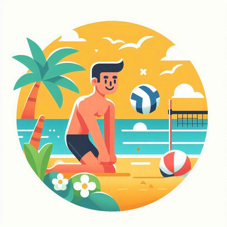 Summer beach vacation flat vector illustration. Man sitting on the beach and playing volleyballのイラスト素材