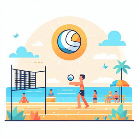 Beach volleyball vector illustration. Cartoon people playing beach volleyball on the beach. Summertime sport activity.のイラスト素材
