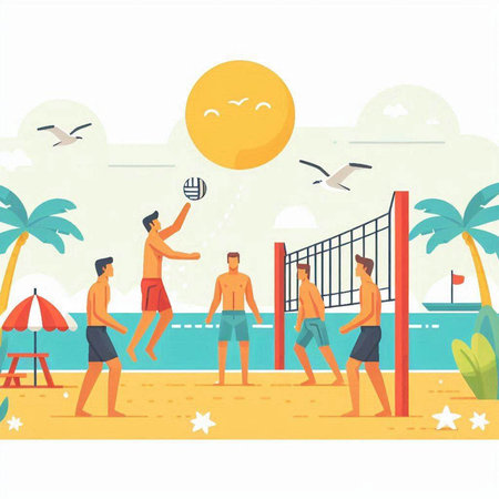Beach volleyball vector illustration. Cartoon men playing volleyball on the beach.のイラスト素材
