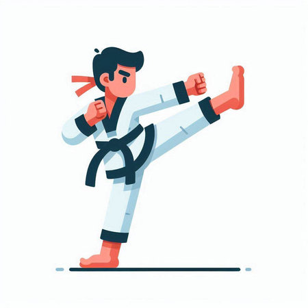 Taekwondo. Young man in kimono and black belt. Vector illustration in cartoon styleのイラスト素材