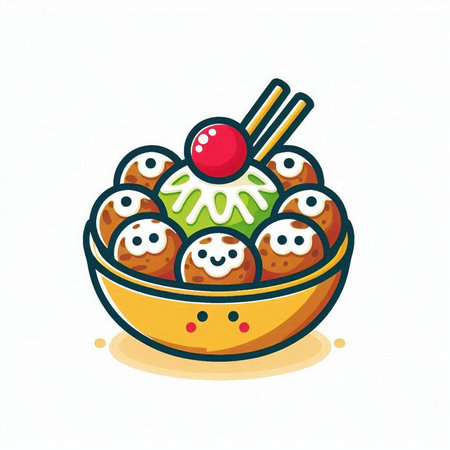 Illustration of a bowl of takoyaki in cartoon styleのイラスト素材