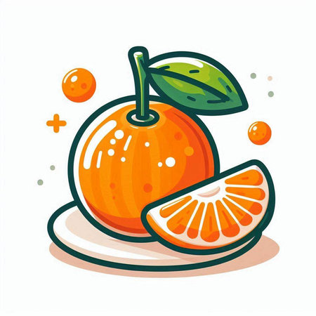 Orange fruit with leaf and orange slice on white background. Vector illustration.のイラスト素材