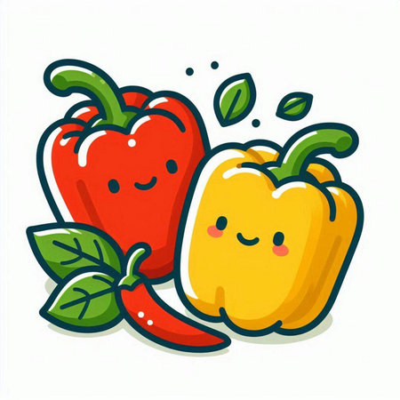 Cartoon pepper vector illustration. Cute cartoon pepper character with green leaves.のイラスト素材