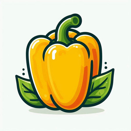 Pepper icon. Vector illustration of a yellow pepper with leaves.のイラスト素材