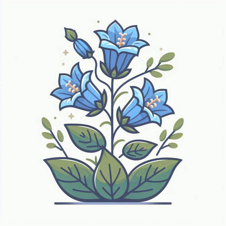 Beautiful hand drawn vector illustration with blue bellflowers and leaves.のイラスト素材