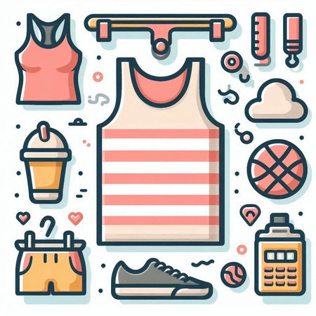 Line icons set with sportswear and fitness elements isolated vector illustrationのイラスト素材