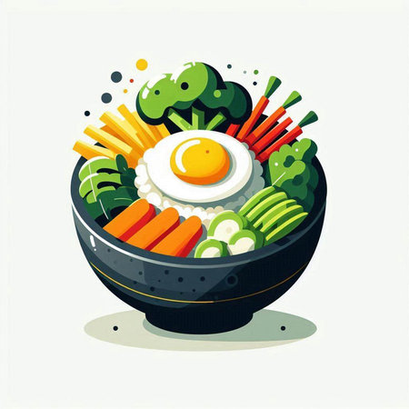 Vegetable salad with egg in black bowl. Vector illustration.のイラスト素材