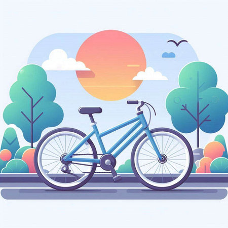 Bicycle on the road in the park. Flat style vector illustration.のイラスト素材