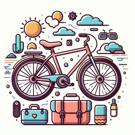 Bicycle, travel, tourism concept. Vector illustration in line art style.のイラスト素材