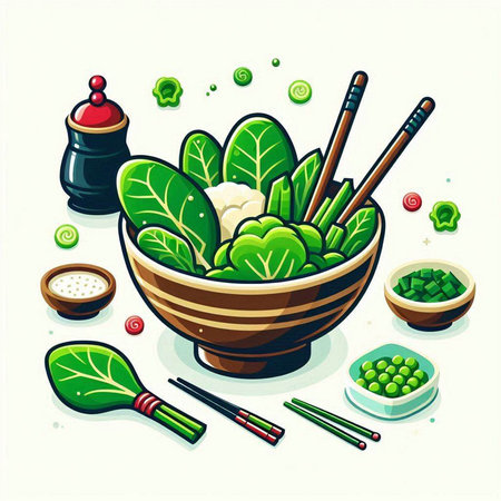 Vegetables in a bowl with chopsticks. Vector illustration.のイラスト素材