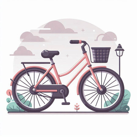 Bicycle with basket in the park. Flat style vector illustration.のイラスト素材
