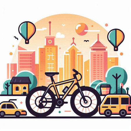 City landscape with bicycle. Vector illustration in flat style. Urban background.のイラスト素材