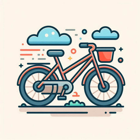Vector illustration of bicycle in flat line style on white background with clouds.のイラスト素材