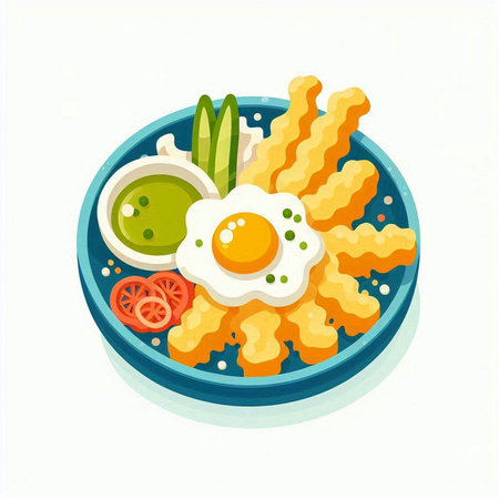 Illustration of fried eggs in plate with sauce and vegetables on white backgroundのイラスト素材