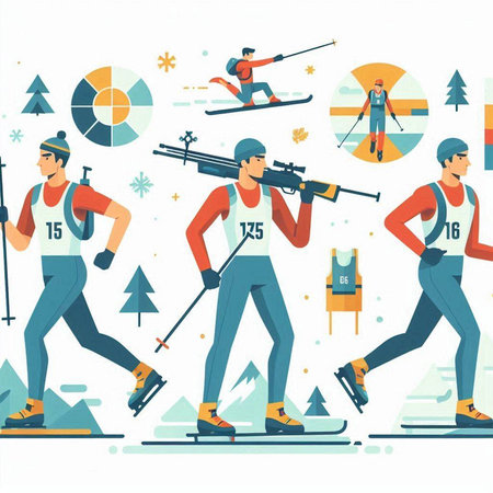 Winter sports. Skiing. Set of vector illustrations in flat style.のイラスト素材