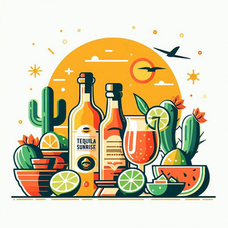 Mexican tequila bottle, cactus and lime. Vector illustration.のイラスト素材