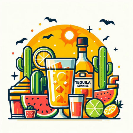 Cinco de Mayo poster with tequila, watermelon, cactus, cactus. Vector illustrationのイラスト素材