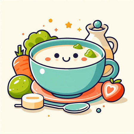 Cute cartoon vector illustration of a bowl of soup with cream and vegetablesのイラスト素材