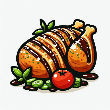 Illustration of a roasted turkey with vegetables on a white background.のイラスト素材