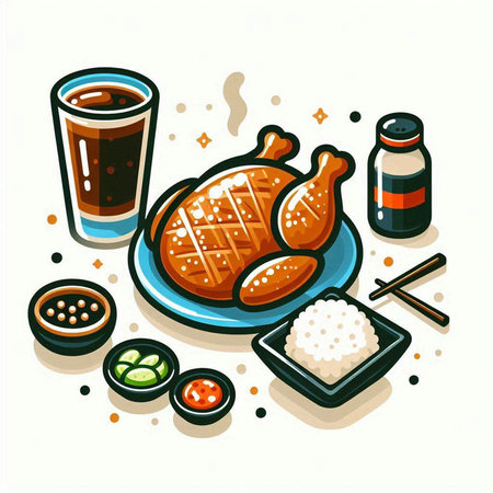 Vector illustration of a fried chicken on a plate with soy sauce.のイラスト素材