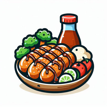 Illustration of a grilled sausages with vegetables and sauce.のイラスト素材